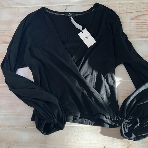 NWT 7 For All Mankind jet black wrap front blouson sleeve 100%cotton top - Picture 2 of 11